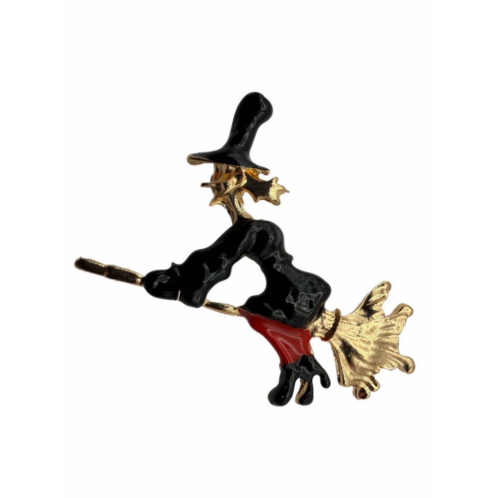 Vintage Halloween Witch Brooch Gold Tone Enamel Flying Broomstick Brooch